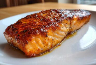 Close-up of a perfectly baked salmon fillet with a caramelized, seasoned crust, ready to eat.