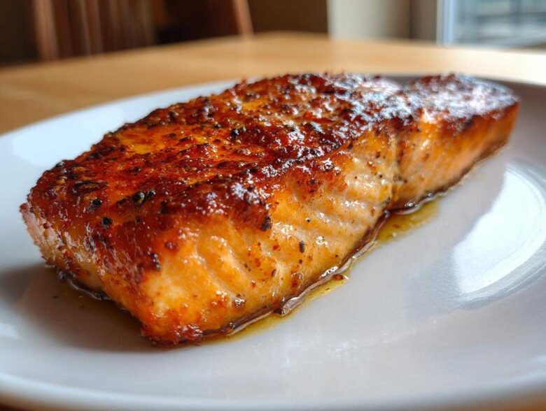 Close-up of a perfectly baked salmon fillet with a caramelized, seasoned crust, ready to eat.