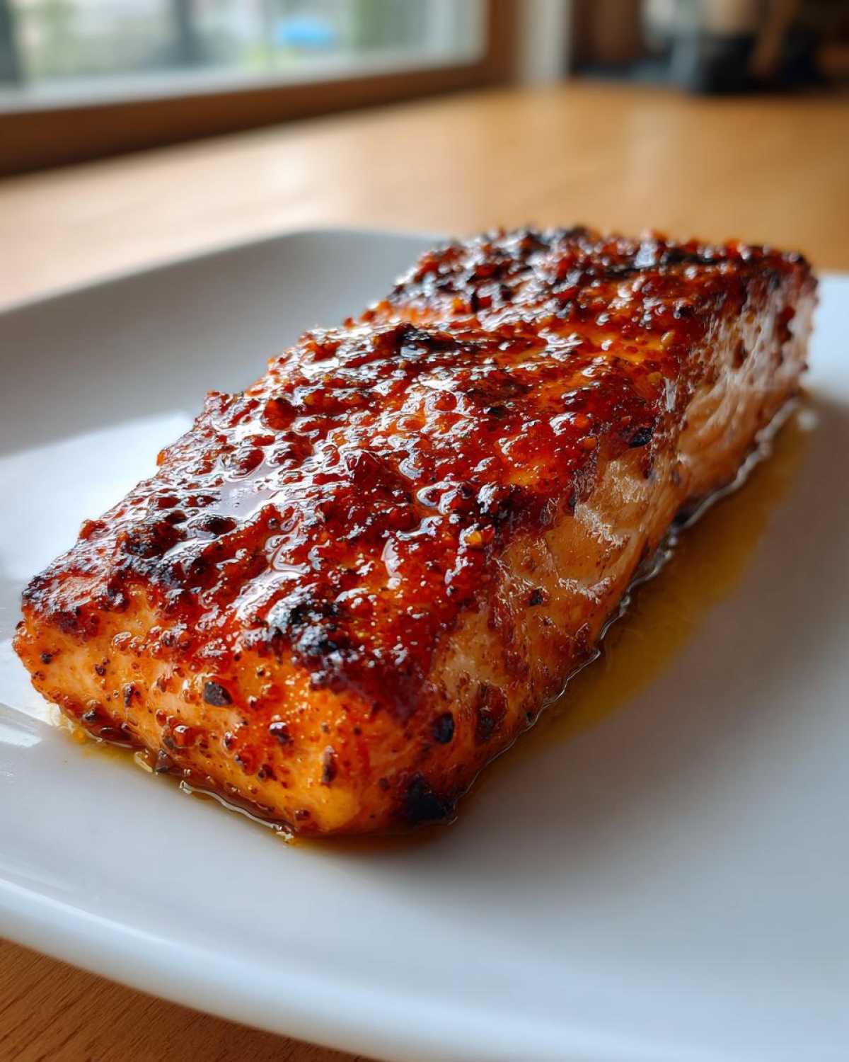 Close-up of a perfectly cooked fillet of Copycat Baked Salmon Texas Roadhouse with a shiny, caramelized glaze.