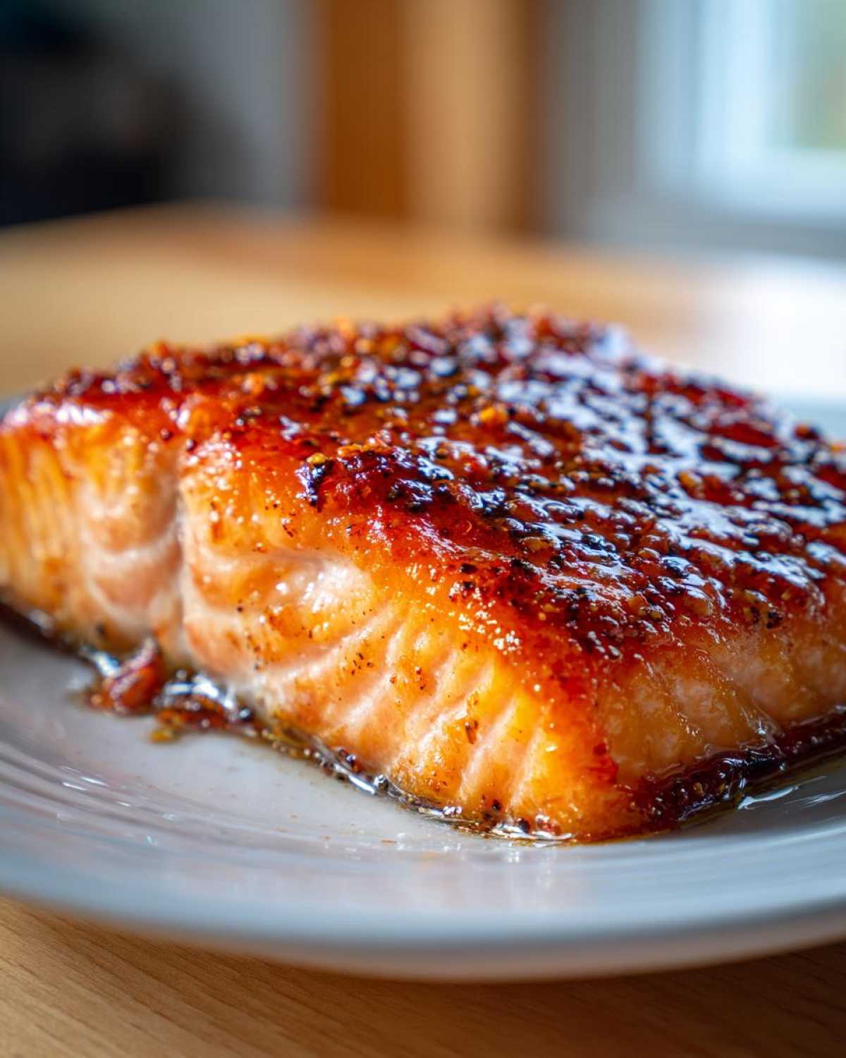 Close-up of a perfectly cooked fillet of Copycat Baked Salmon Texas Roadhouse with a shiny, dark glaze.