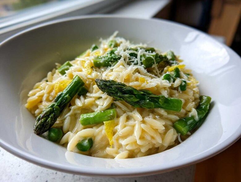 Close-up of creamy Asparagus Orzo topped with Parmesan cheese, bright green asparagus spears, and lemon zest.