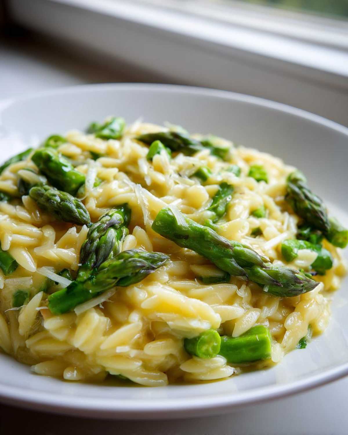 Close-up of creamy Asparagus Orzo pasta mixed with bright green asparagus tips and topped with grated cheese.