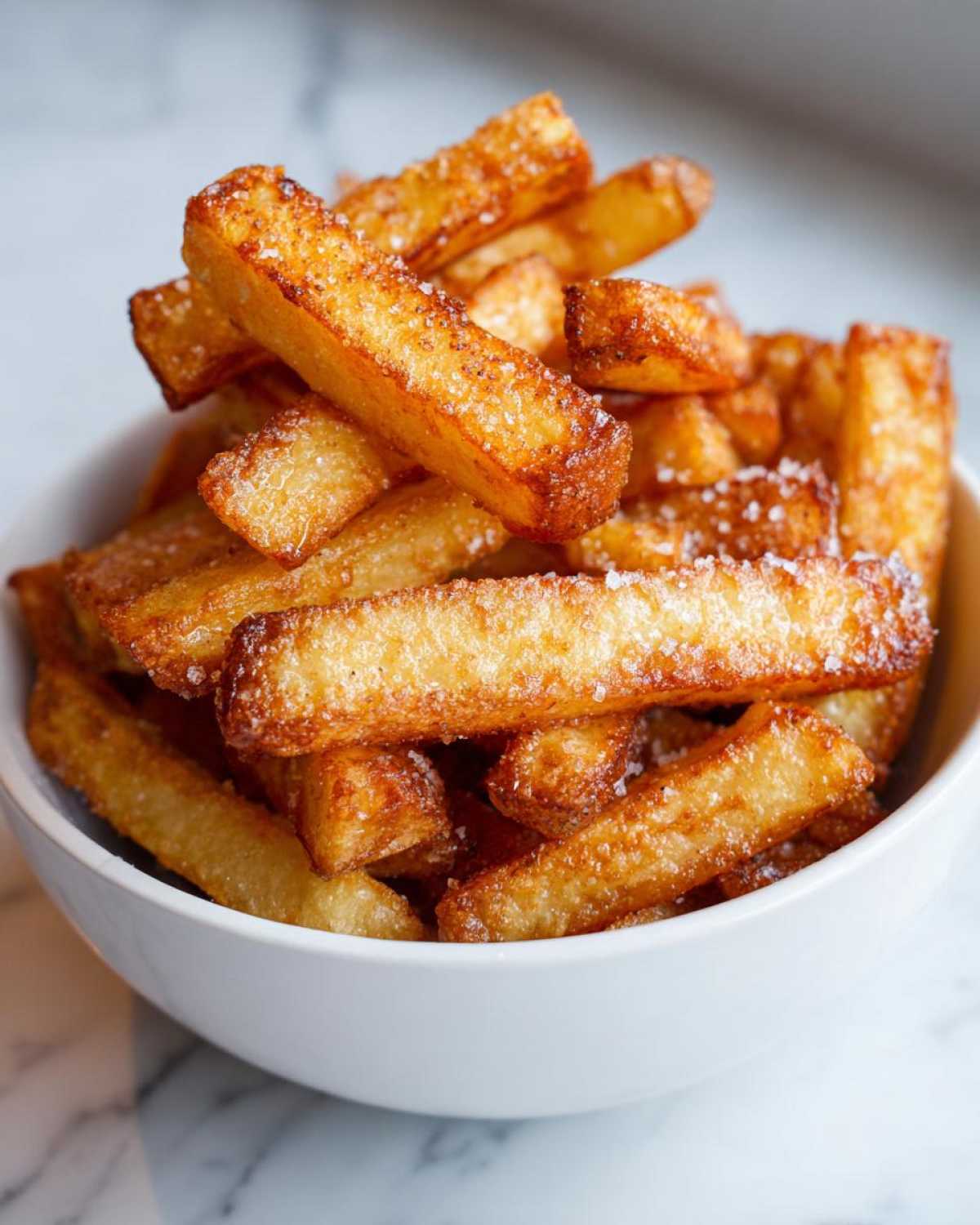 A close-up of golden brown, thick-cut Crispy Air Fryer French Fries sprinkled with salt in a white bowl.