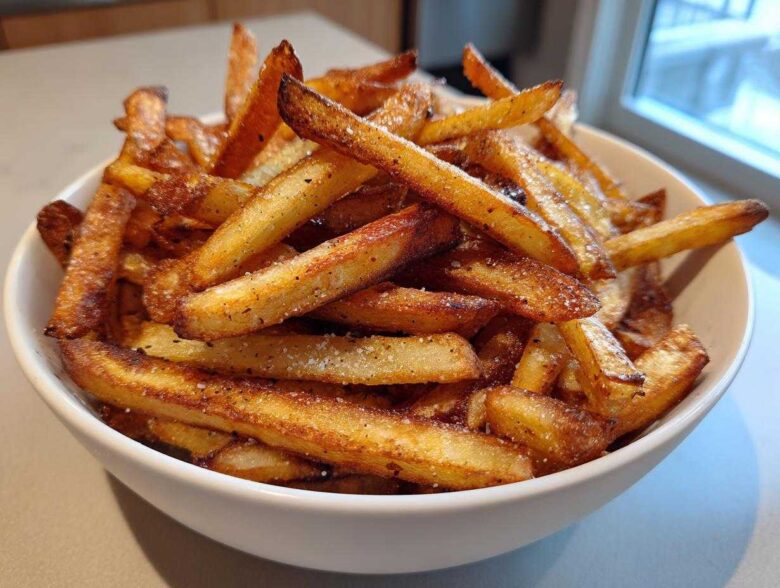 A close-up of a white bowl filled with golden brown, crispy air fryer french fries seasoned with salt and pepper.