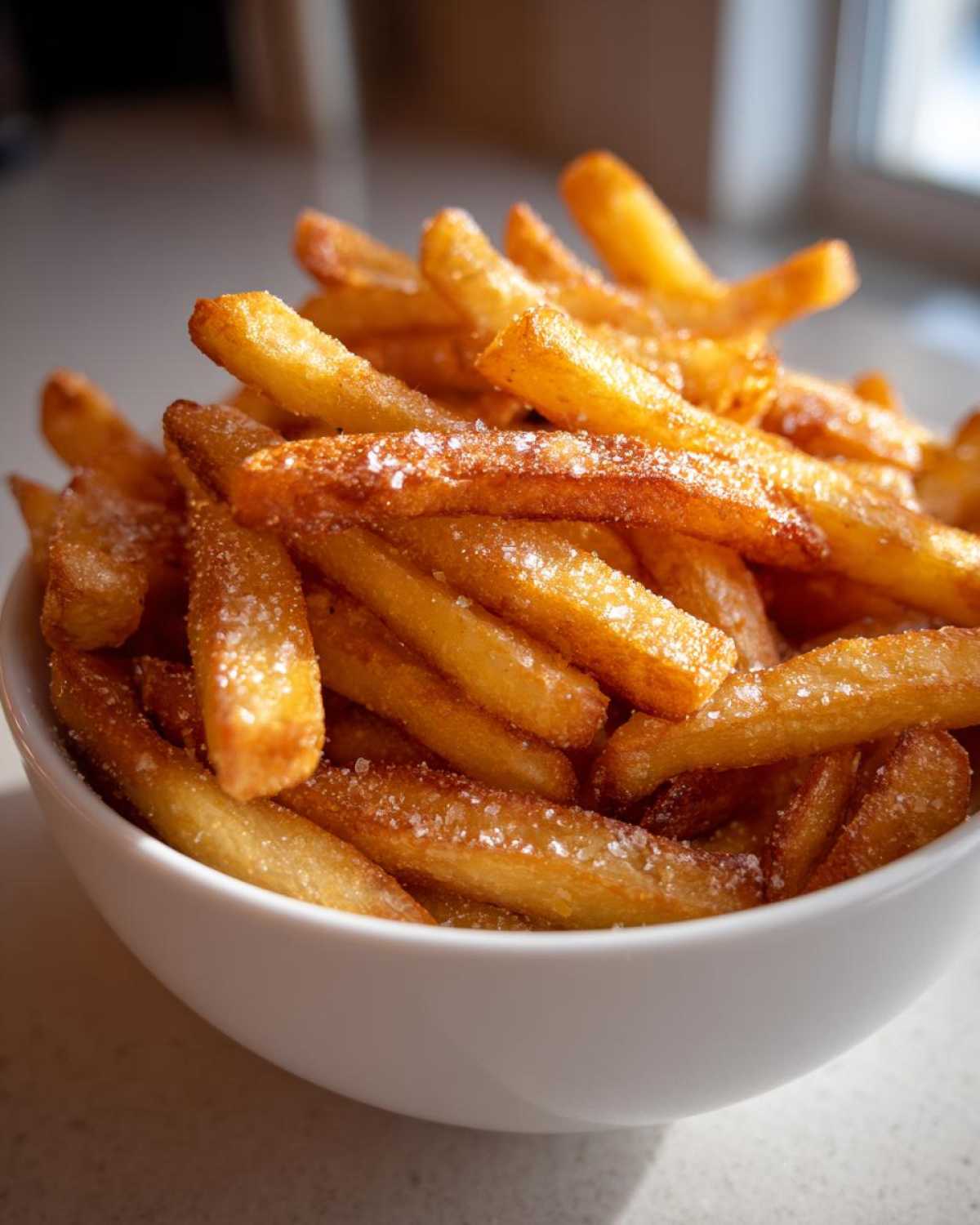 A close-up of golden, crispy air fryer french fries generously sprinkled with coarse salt in a white bowl.