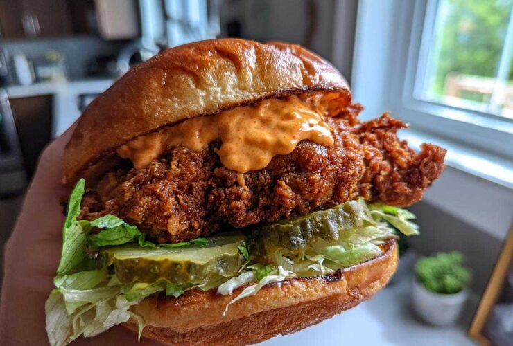 A hand holding a tall, perfectly assembled Crispy Chicken Sandwich featuring a thick fried patty, pickles, lettuce, and orange sauce on a brioche bun.