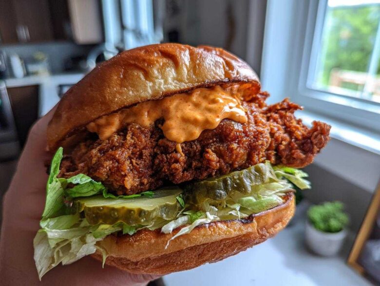 A hand holding a tall, perfectly assembled Crispy Chicken Sandwich featuring a thick fried patty, pickles, lettuce, and orange sauce on a brioche bun.