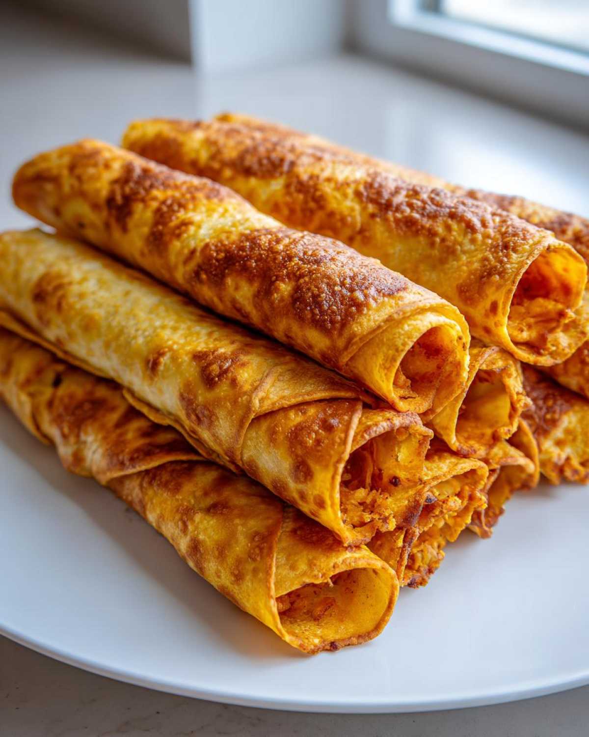 A stack of golden brown, crispy oven rolled chicken taquitos piled on a white plate.