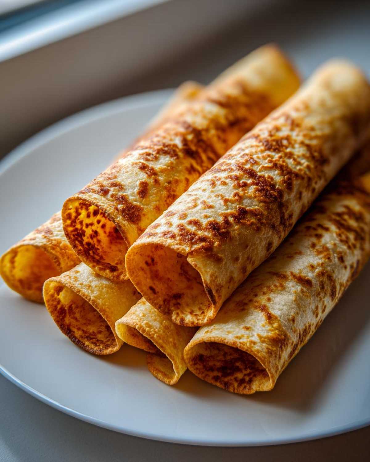 A stack of golden, oven-baked Crispy Oven Rolled Chicken Taquitos resting on a white plate.