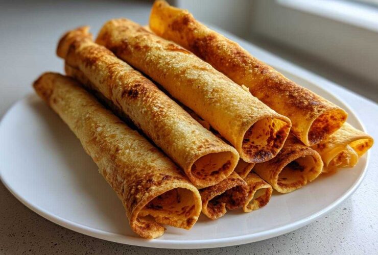 A stack of golden brown, crispy oven rolled chicken taquitos resting on a white plate.