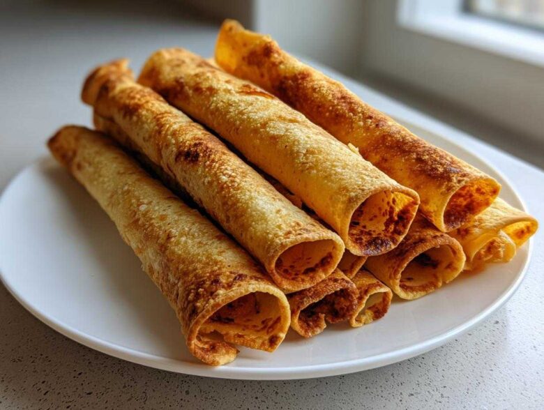 A stack of golden brown, crispy oven rolled chicken taquitos resting on a white plate.