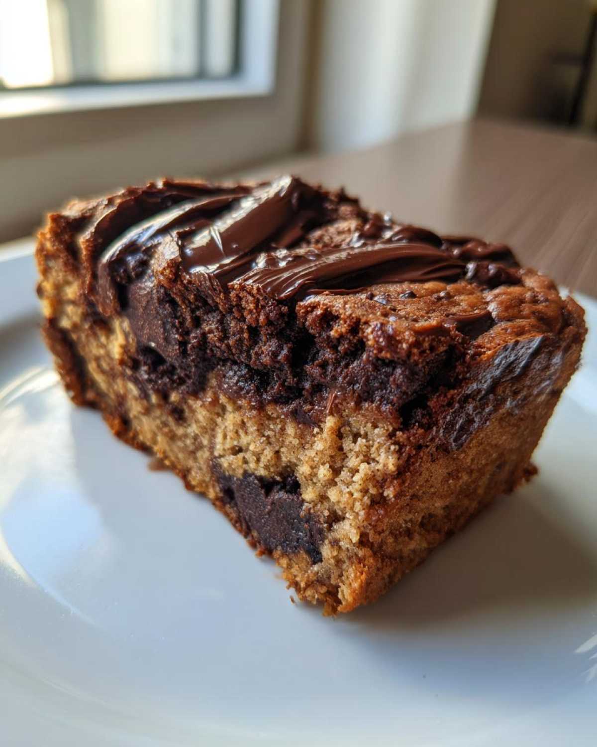 Close-up of a single serving of Delicious Brookie Baked Oats Recipe, showing the layered brownie and oat texture with chocolate drizzle.