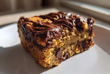A single square serving of Delicious Brookie Baked Oats Recipe topped with melted chocolate.