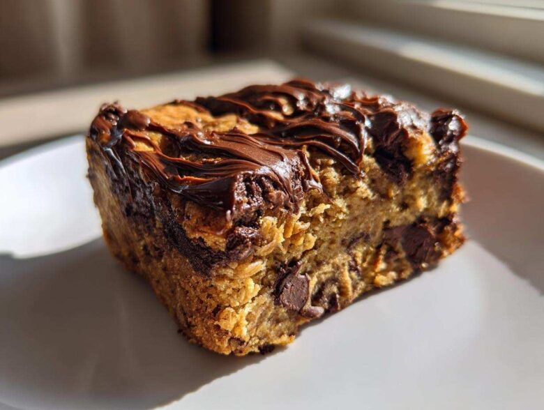 A single square serving of Delicious Brookie Baked Oats Recipe topped with melted chocolate.