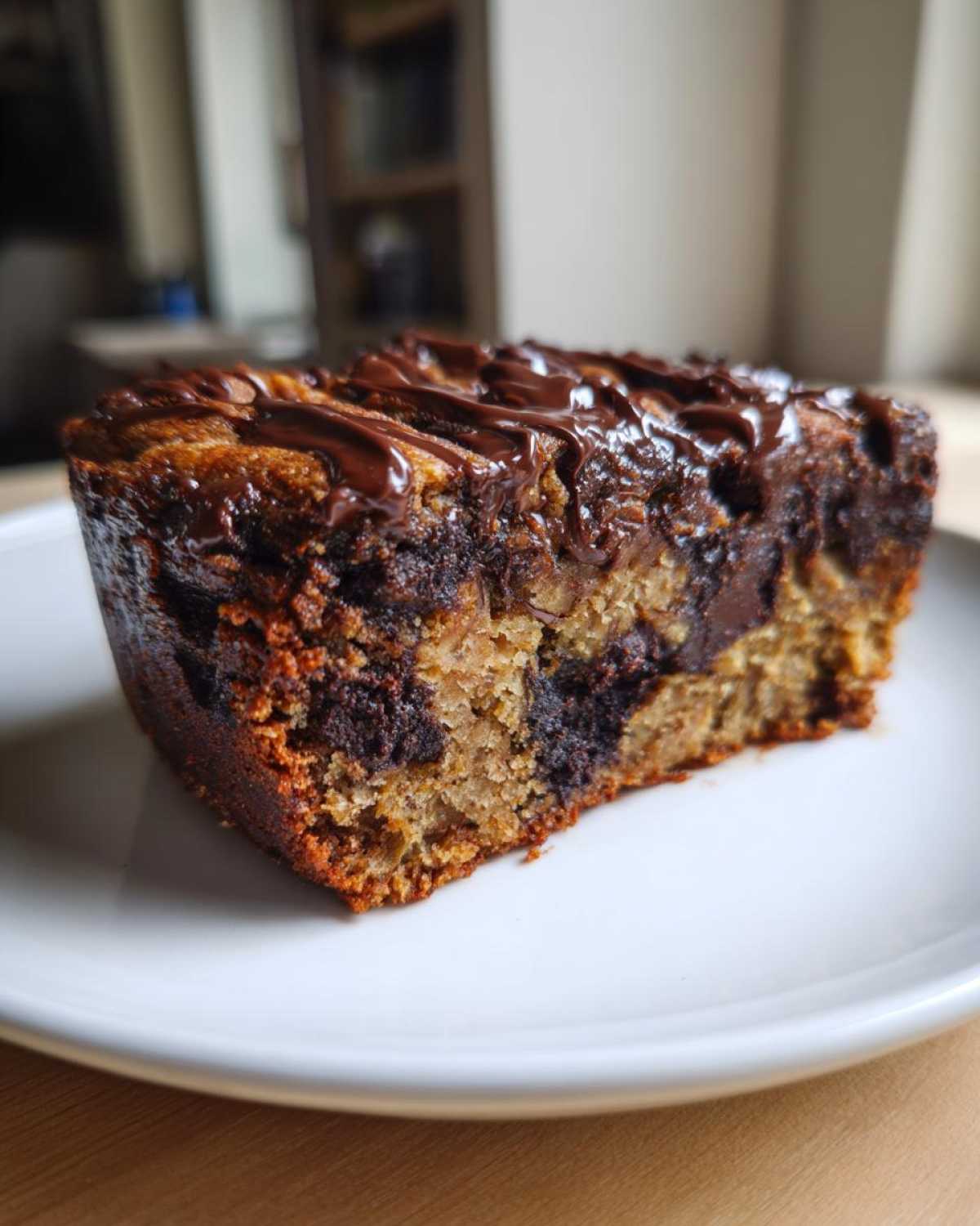A close-up of a rich slice of Delicious Brookie Baked Oats Recipe, featuring a marbled texture and drizzled with melted chocolate.