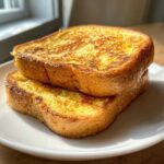 Two thick slices of golden, perfectly cooked Easy Brioche French Toast stacked on a white plate.