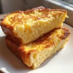 Two thick slices of golden brown Easy Brioche French Toast stacked on a white plate.