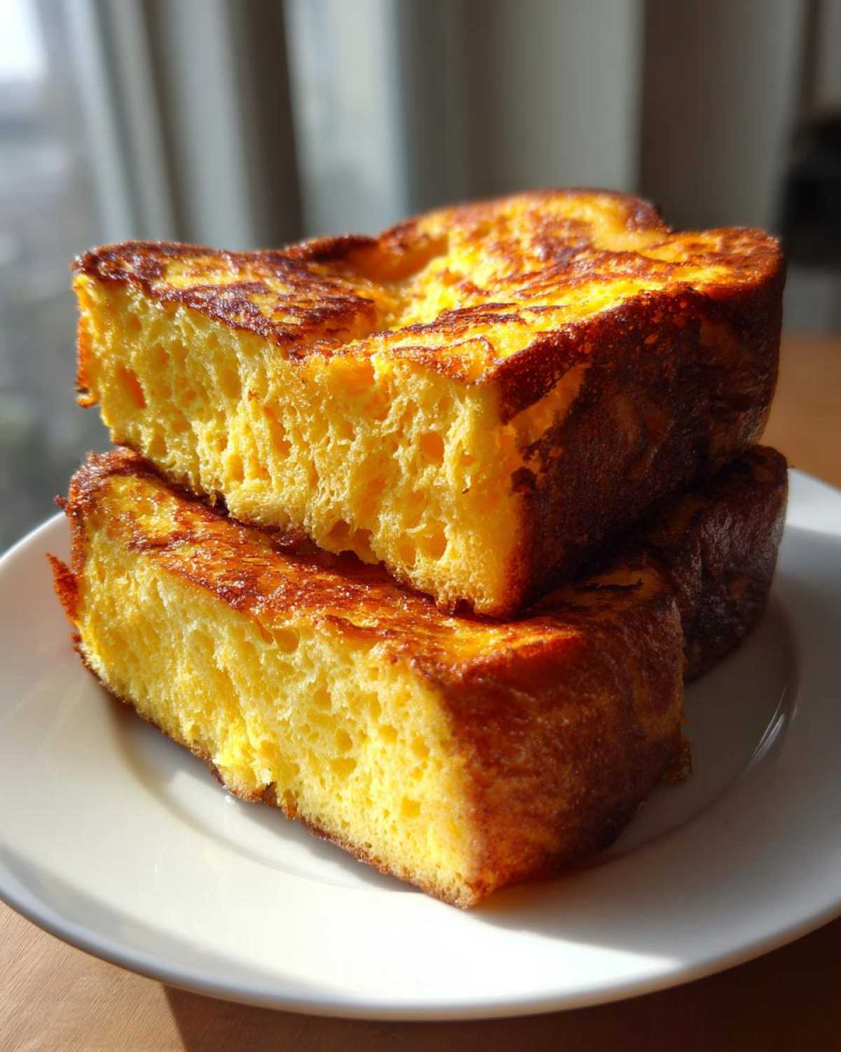 Two thick, golden-brown slices of Easy Brioche French Toast stacked on a white plate.