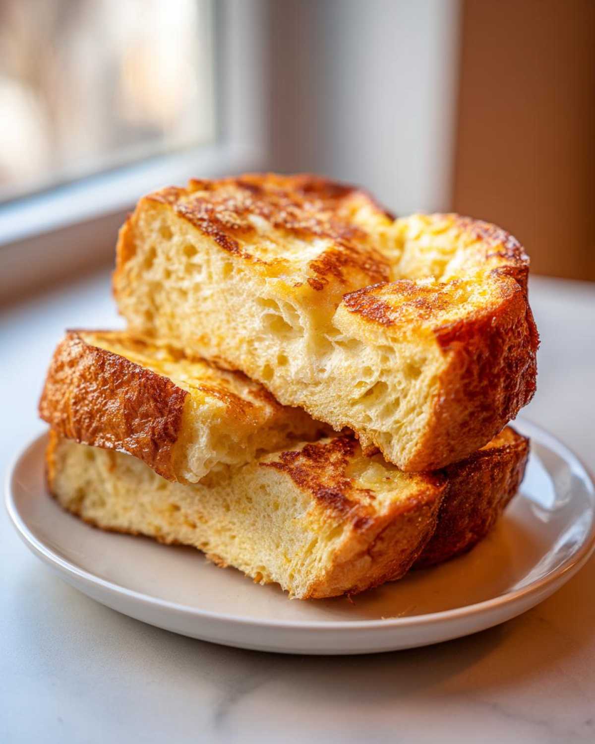 Three thick slices of golden brown Easy Brioche French Toast stacked on a small white plate.
