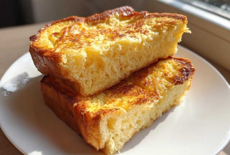 Two thick slices of golden brown Easy Brioche French Toast stacked on a white plate.