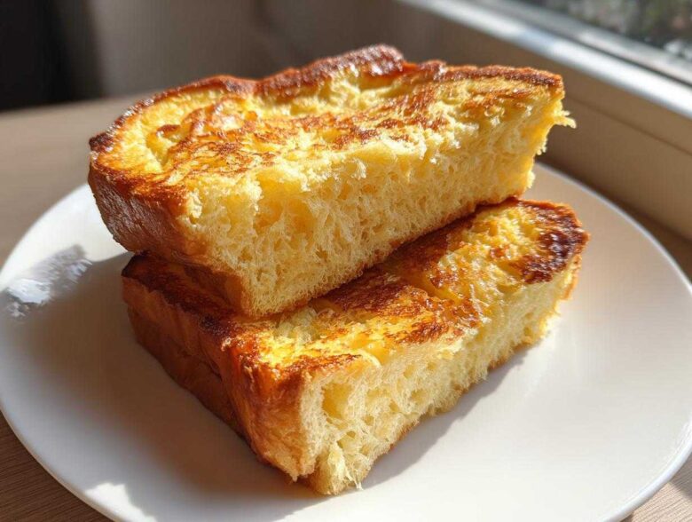Two thick slices of golden brown Easy Brioche French Toast stacked on a white plate.