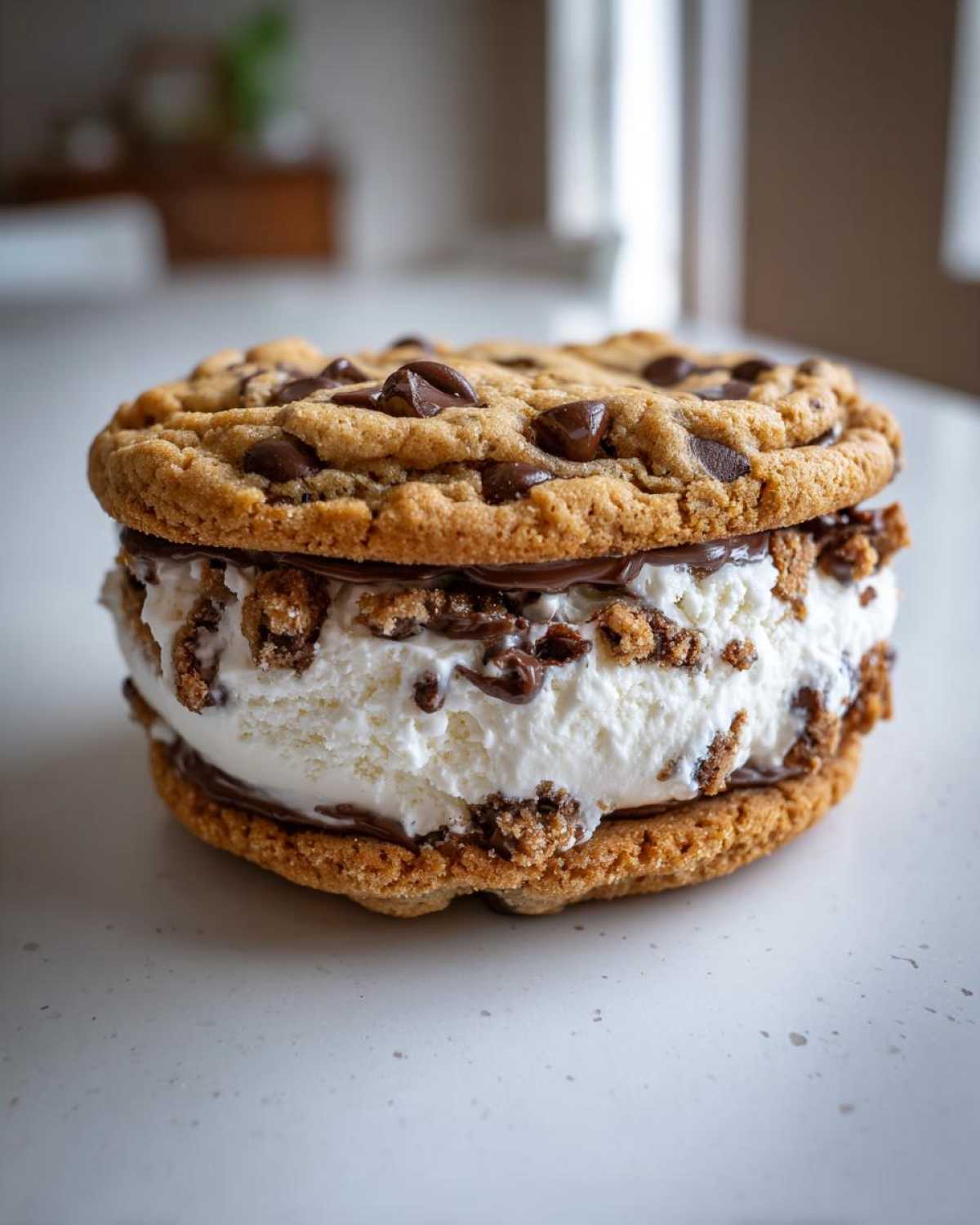 A decadent Chocolate Chip Ice Cream Sandwiches featuring two cookies filled with vanilla ice cream, chocolate sauce, and cookie crumbles.
