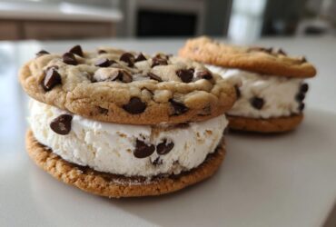 Close-up of two homemade Chocolate Chip Ice Cream Sandwiches made with vanilla ice cream.