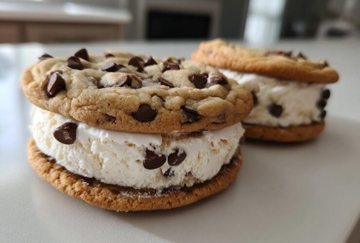 Close-up of two homemade Chocolate Chip Ice Cream Sandwiches made with vanilla ice cream.