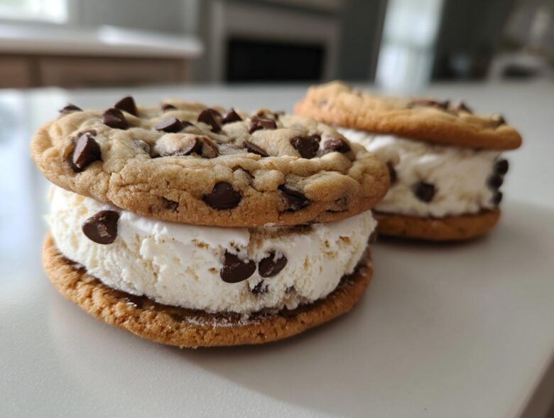 Close-up of two homemade Chocolate Chip Ice Cream Sandwiches made with vanilla ice cream.