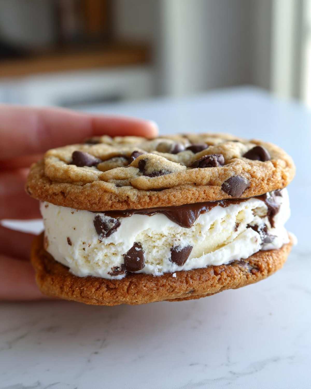 A person holding a homemade Chocolate Chip Ice Cream Sandwiches made with two chewy cookies and vanilla ice cream.