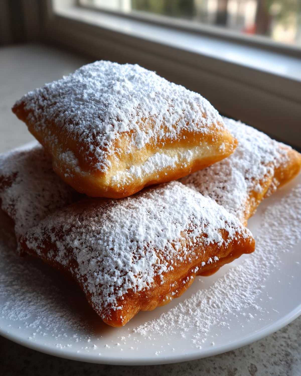 A stack of golden brown Easy French Beignets generously dusted with white powdered sugar on a white plate.