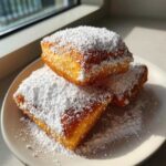 Close-up of three golden brown Easy French Beignets stacked on a white plate, generously dusted with powdered sugar.