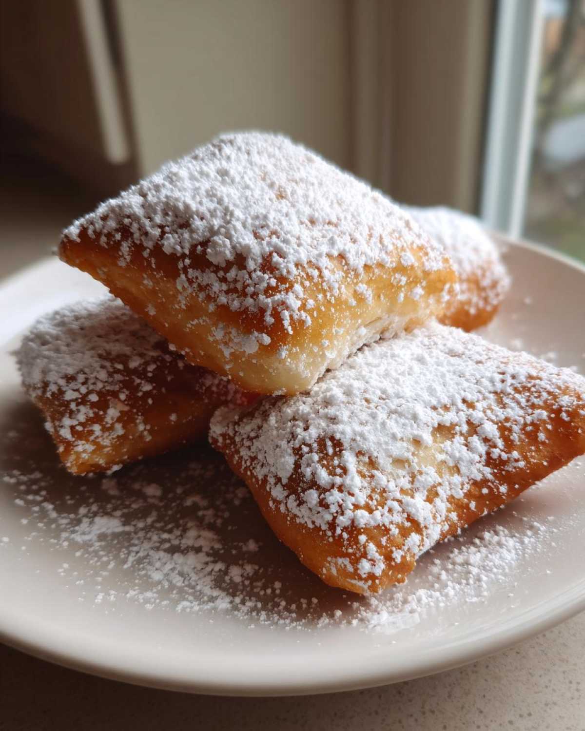 Close-up of three golden brown Easy French Beignets generously dusted with powdered sugar on a light plate.