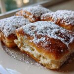 Close-up of four golden brown Easy French Beignets generously dusted with white powdered sugar on a light plate.