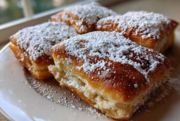 Close-up of four golden brown Easy French Beignets generously dusted with white powdered sugar on a light plate.