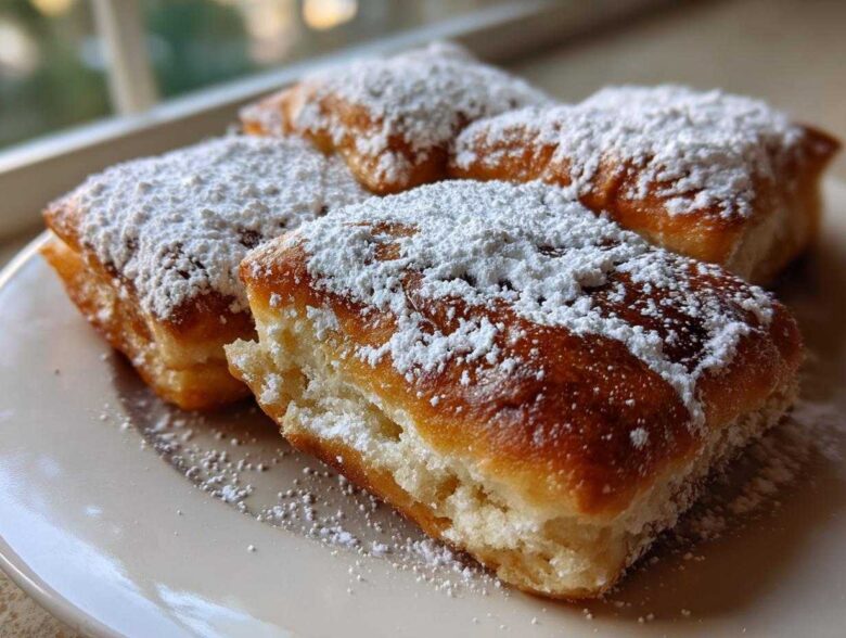 Close-up of four golden brown Easy French Beignets generously dusted with white powdered sugar on a light plate.