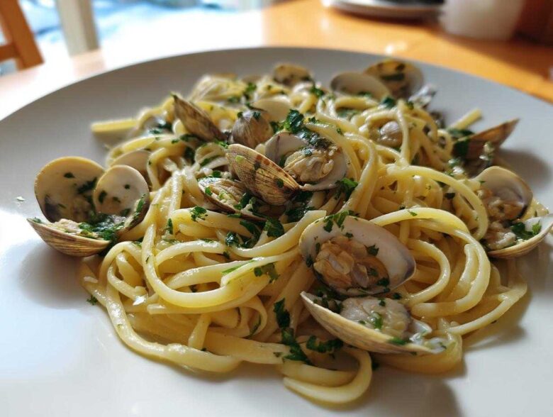 A close-up of a white plate filled with delicious Linguine and Clams tossed in a white wine sauce and fresh parsley.