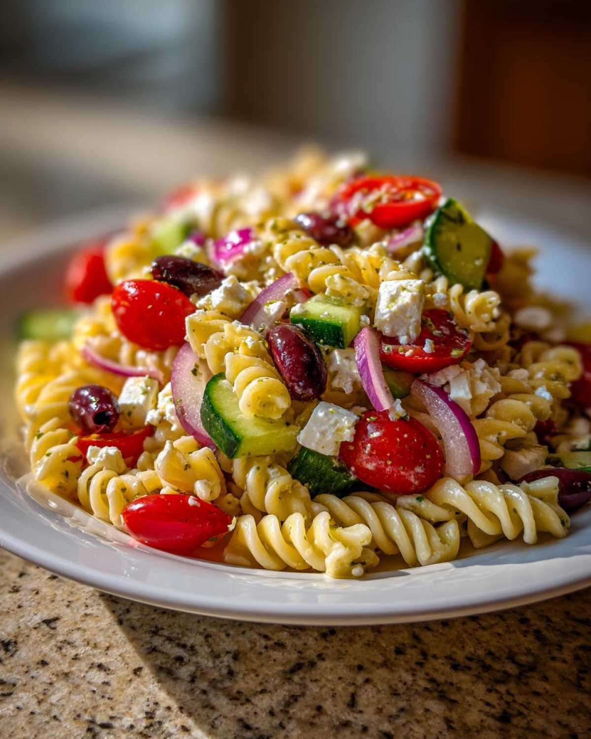 A close-up of a serving of Feta Mediterranean Pasta Salad featuring rotini pasta, cherry tomatoes, cucumbers, red onion, Kalamata olives, and feta cheese.
