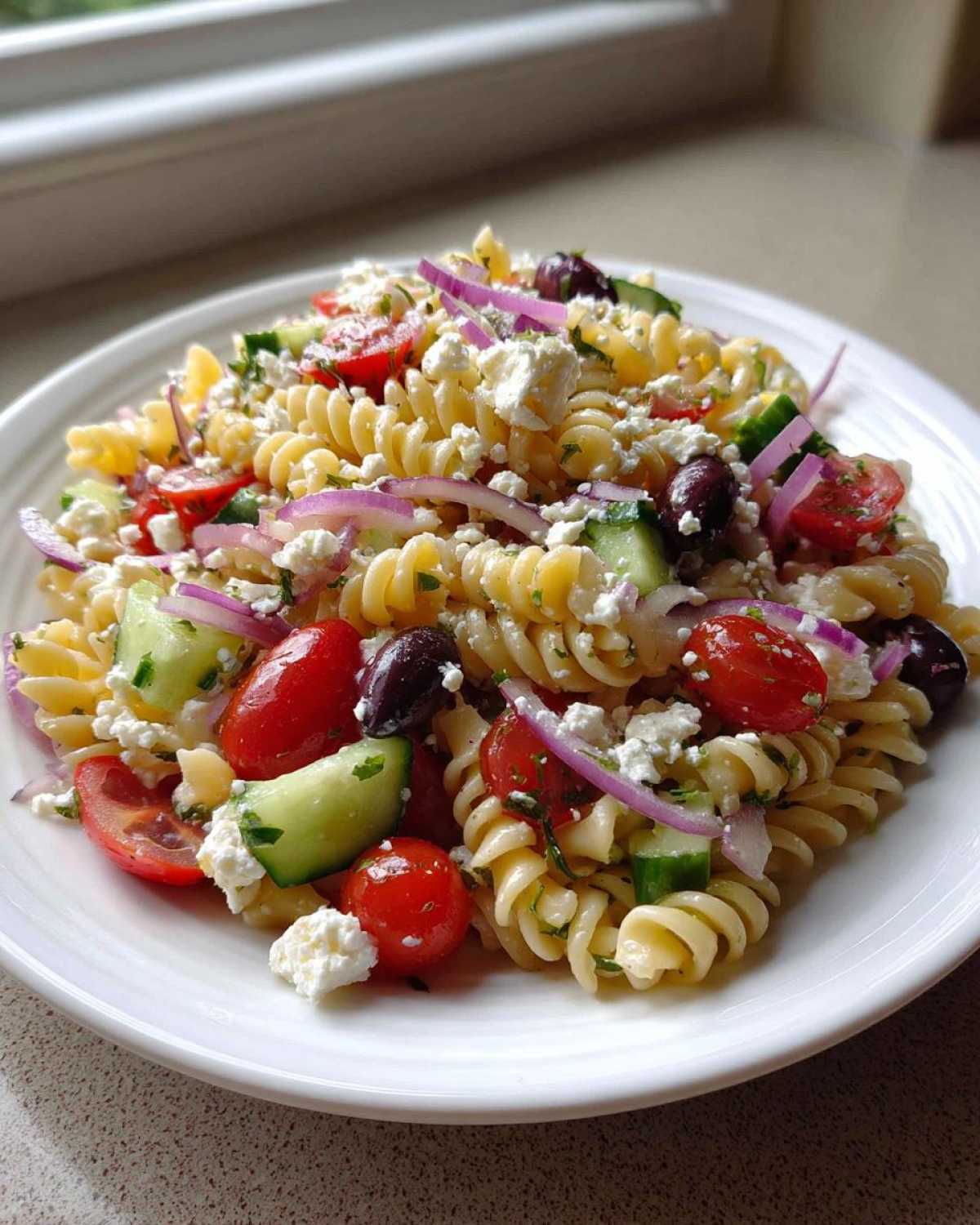 A serving of Feta Mediterranean Pasta Salad featuring rotini pasta, feta cheese, cucumbers, tomatoes, and red onion.