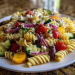 Close-up of a serving of Feta Mediterranean Pasta Salad featuring rotini pasta, cherry tomatoes, cucumbers, feta, and olives.