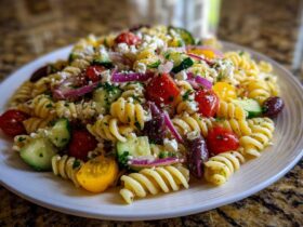 Close-up of a serving of Feta Mediterranean Pasta Salad featuring rotini pasta, cherry tomatoes, cucumbers, feta, and olives.