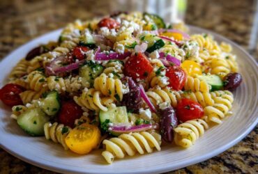 Close-up of a serving of Feta Mediterranean Pasta Salad featuring rotini pasta, cherry tomatoes, cucumbers, feta, and olives.