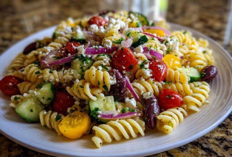 Close-up of a serving of Feta Mediterranean Pasta Salad featuring rotini pasta, cherry tomatoes, cucumbers, feta, and olives.