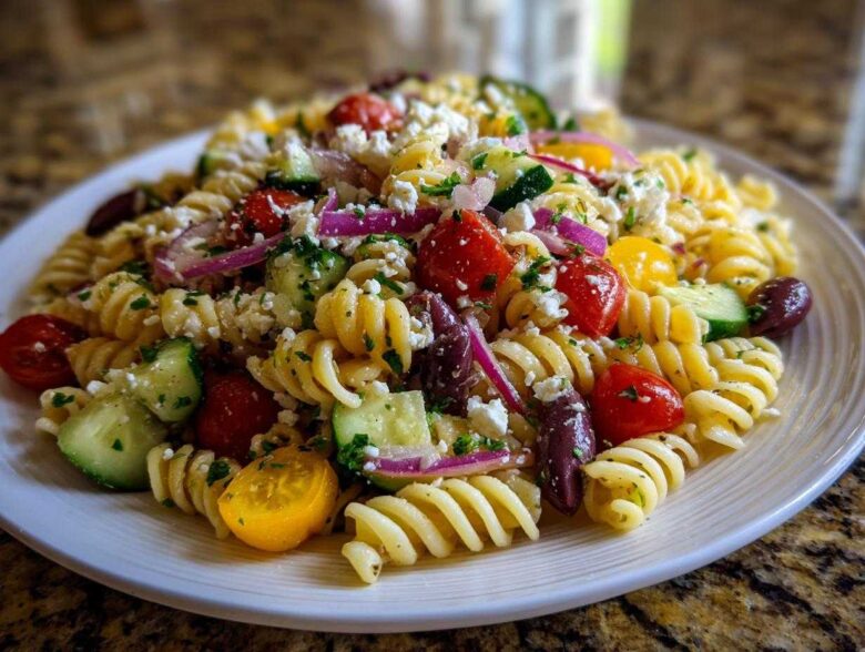 Close-up of a serving of Feta Mediterranean Pasta Salad featuring rotini pasta, cherry tomatoes, cucumbers, feta, and olives.