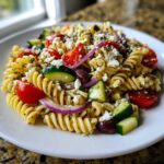 A close-up of a white plate piled high with Feta Mediterranean Pasta Salad featuring rotini pasta, tomatoes, cucumbers, olives, and red onion.