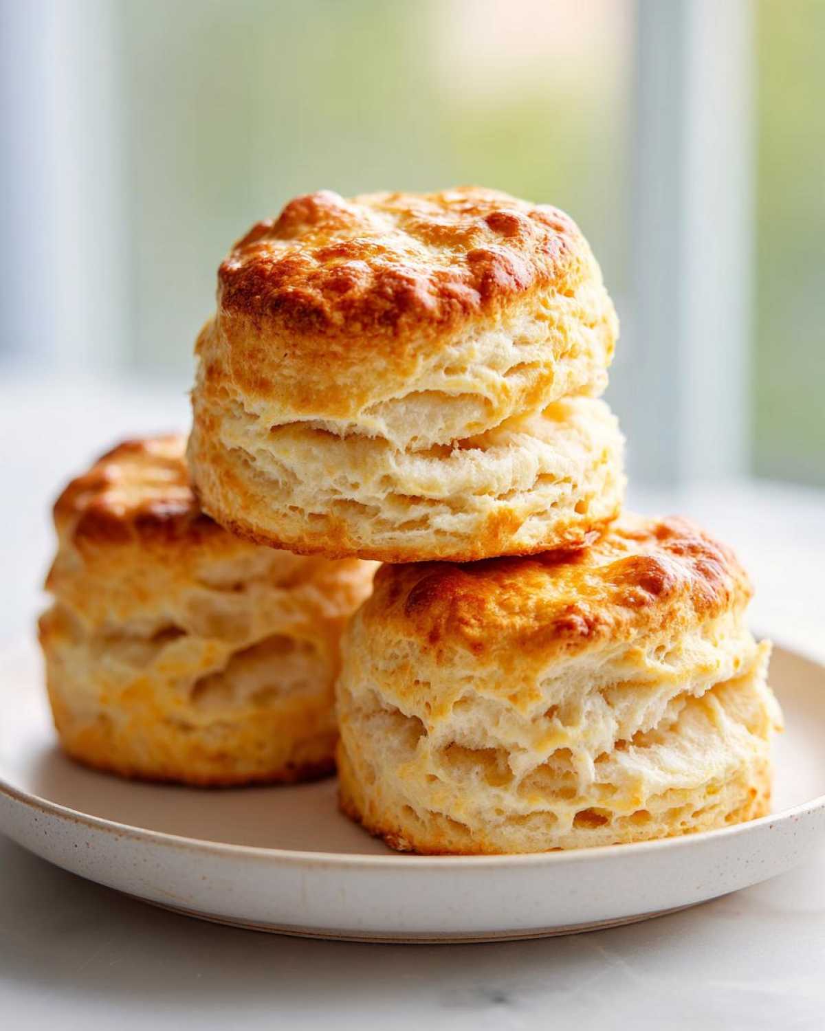 A stack of three golden-brown, flaky Cream Scones resting on a small ceramic plate.