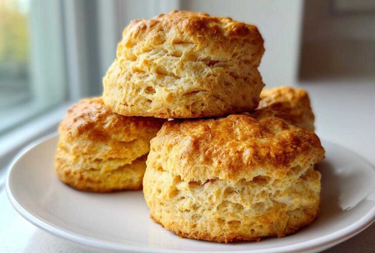 A stack of golden brown, tall, and flaky Cream Scones resting on a white plate near a window.