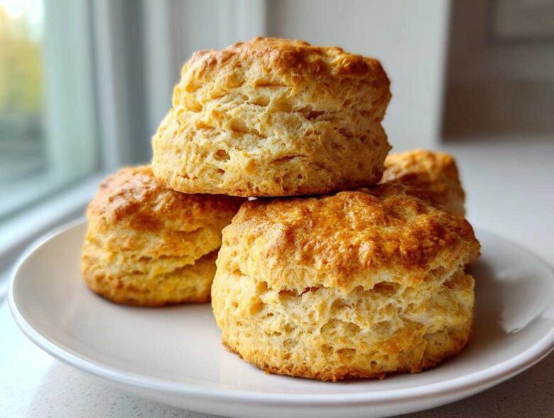 A stack of golden brown, tall, and flaky Cream Scones resting on a white plate near a window.