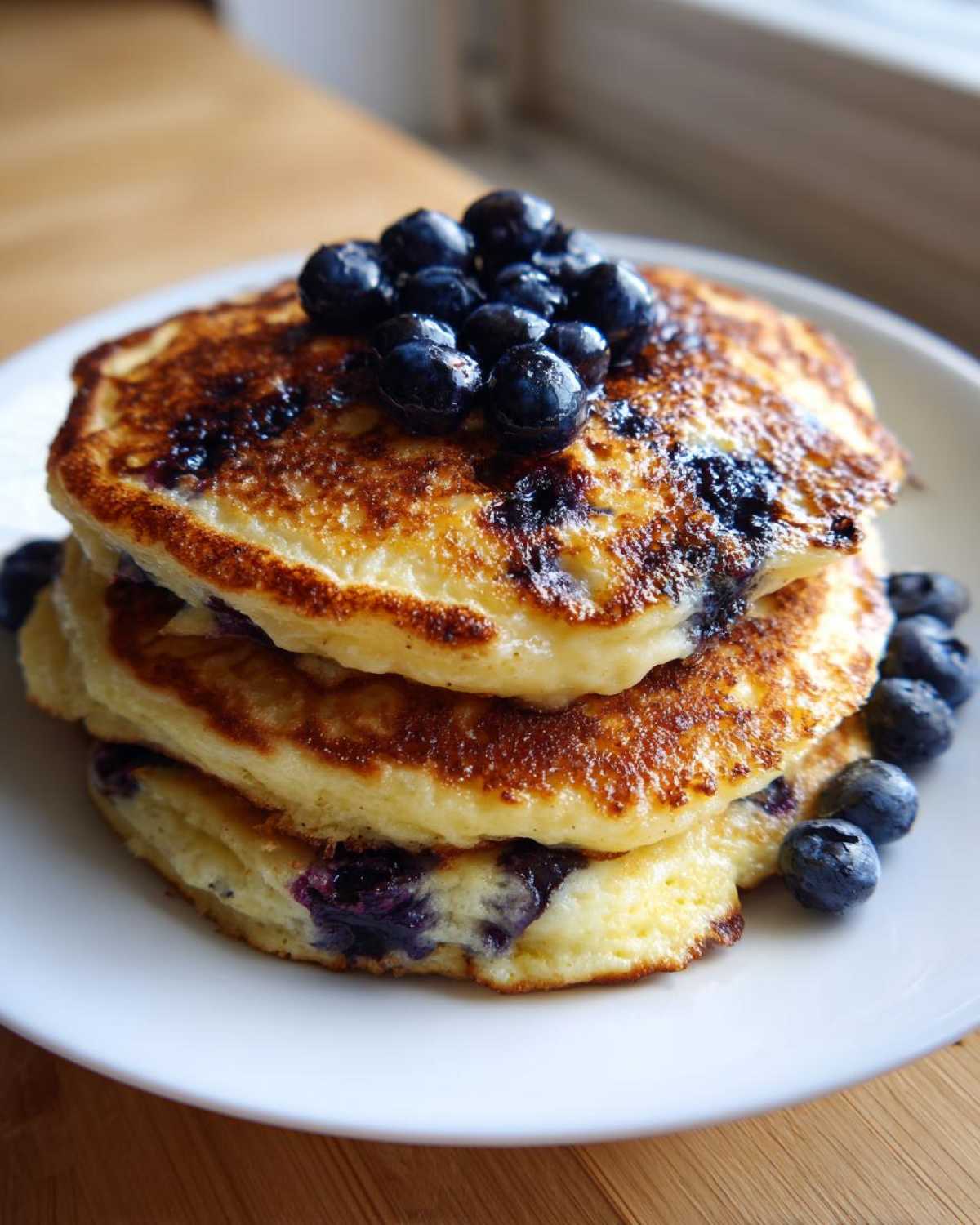 A tall stack of three golden-brown Blueberry Pancakes topped with fresh blueberries on a white plate.