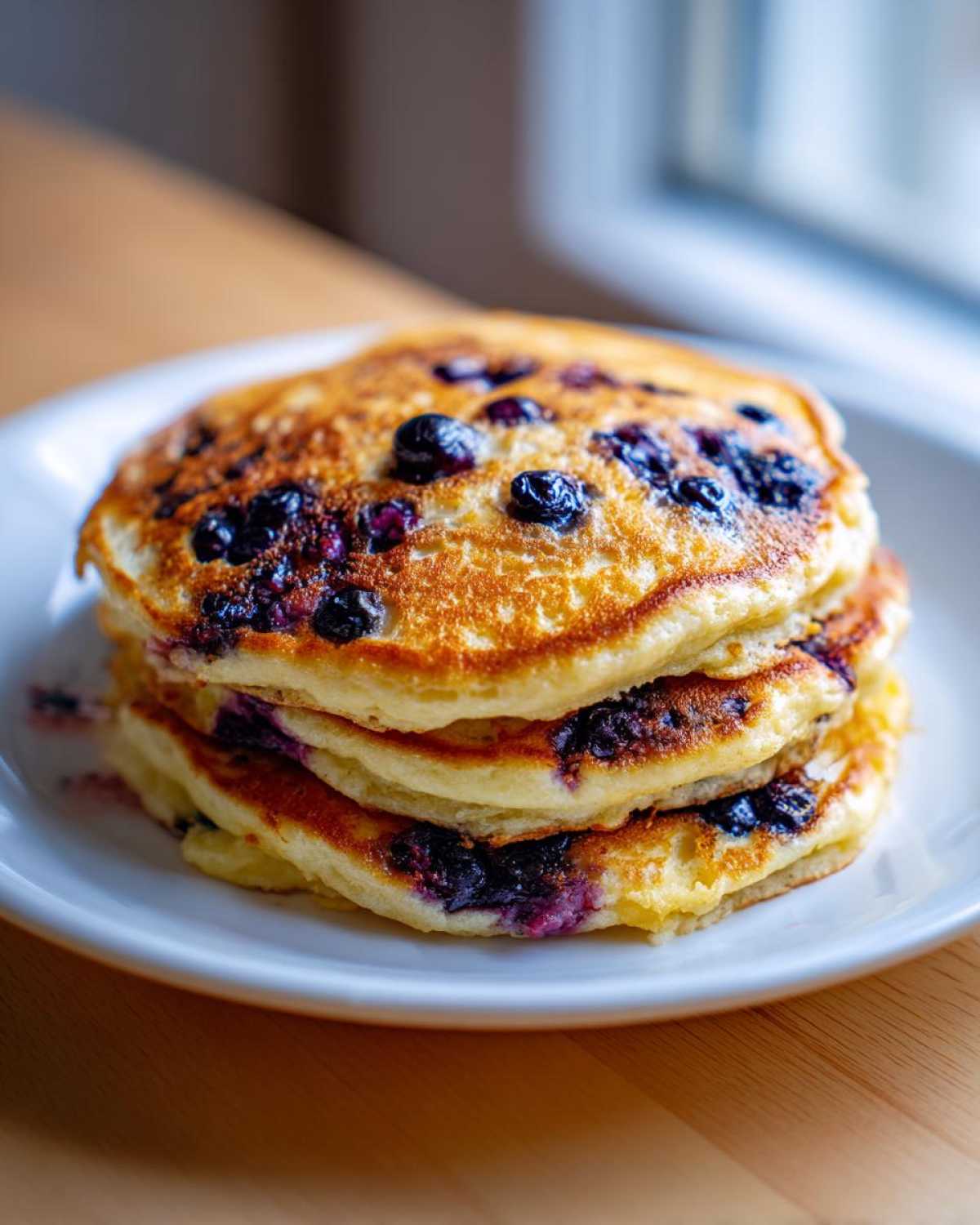 A close-up of a stack of three golden-brown Blueberry Pancakes studded with burst blueberries on a white plate.